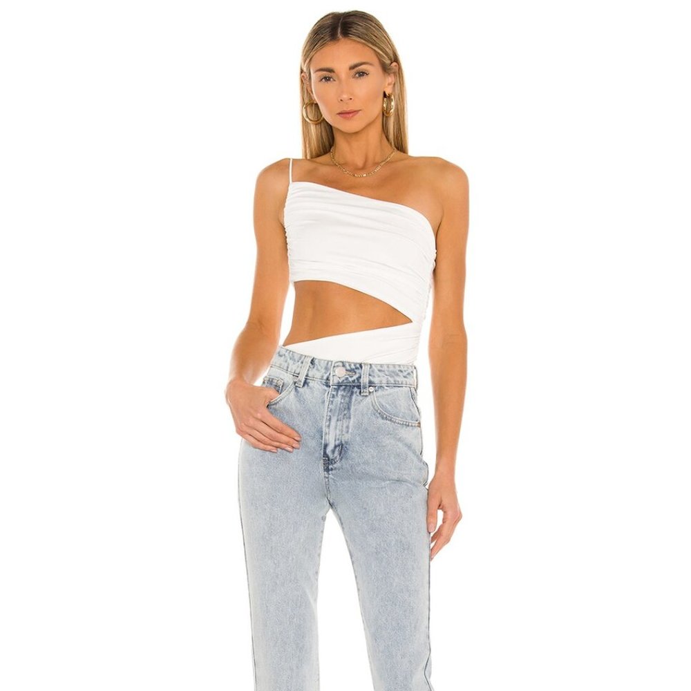 Super Down White Veronica Cut Out One Shoulder Asymmetric Bodysuit - Size XS